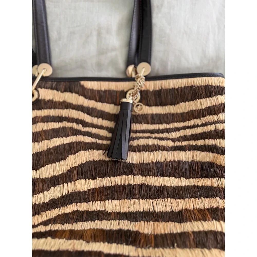 Michael Kors Malibu Large Raffia Zebra Stripe Tote Brown Black Leather NWOT